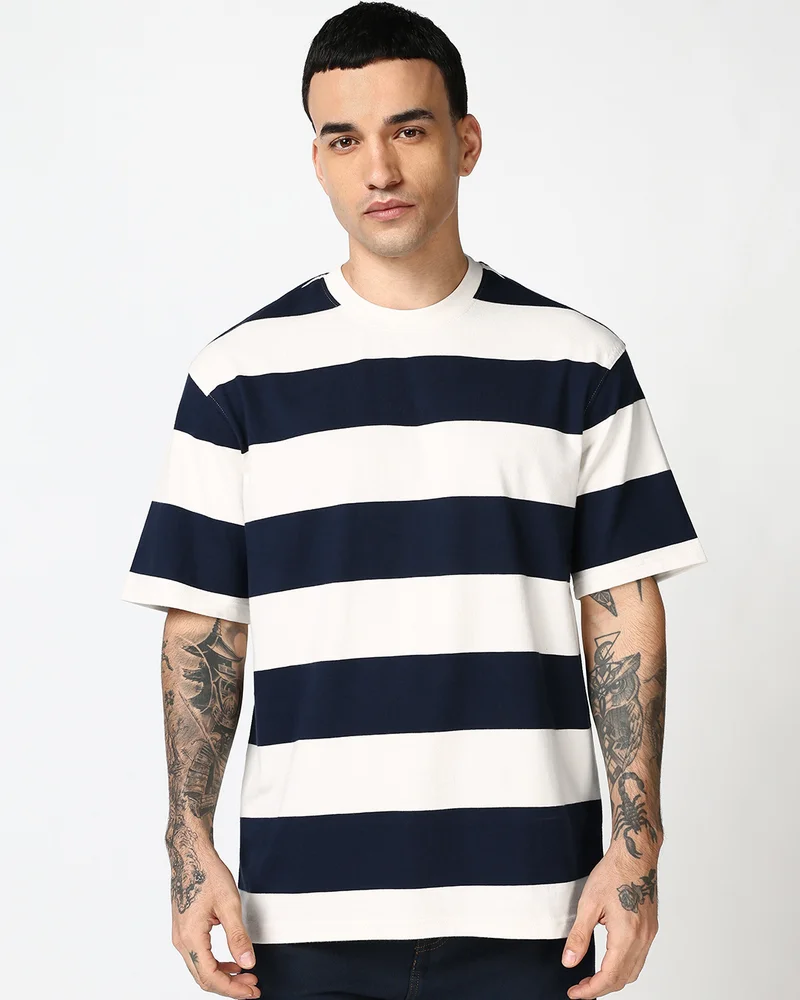 bewakoof Men's Blue & White Striped Oversized T-shirt